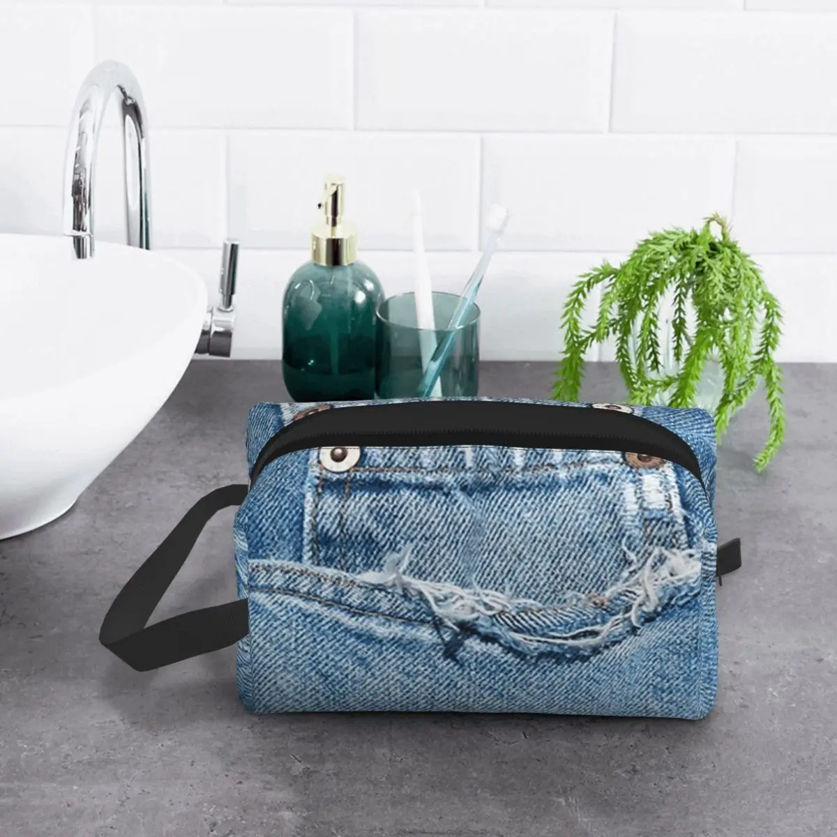 Photograph Of Old Jeans ONLY - Not Real Makeup Bag Cosmetic Organizer Storage Dopp Kit Toiletry Cosmetic Bag Women Beauty Travel