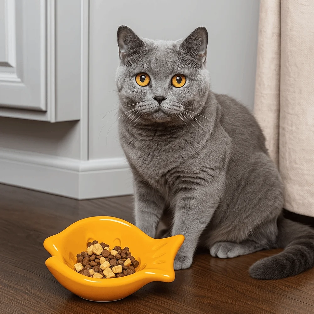 

Cartoon Ceramic Cat Bowl Large Caliber Fish Shaep Pet Drinking Water Basin Anti-Tip Base Slanted Design Slanted Ceramic Bowl