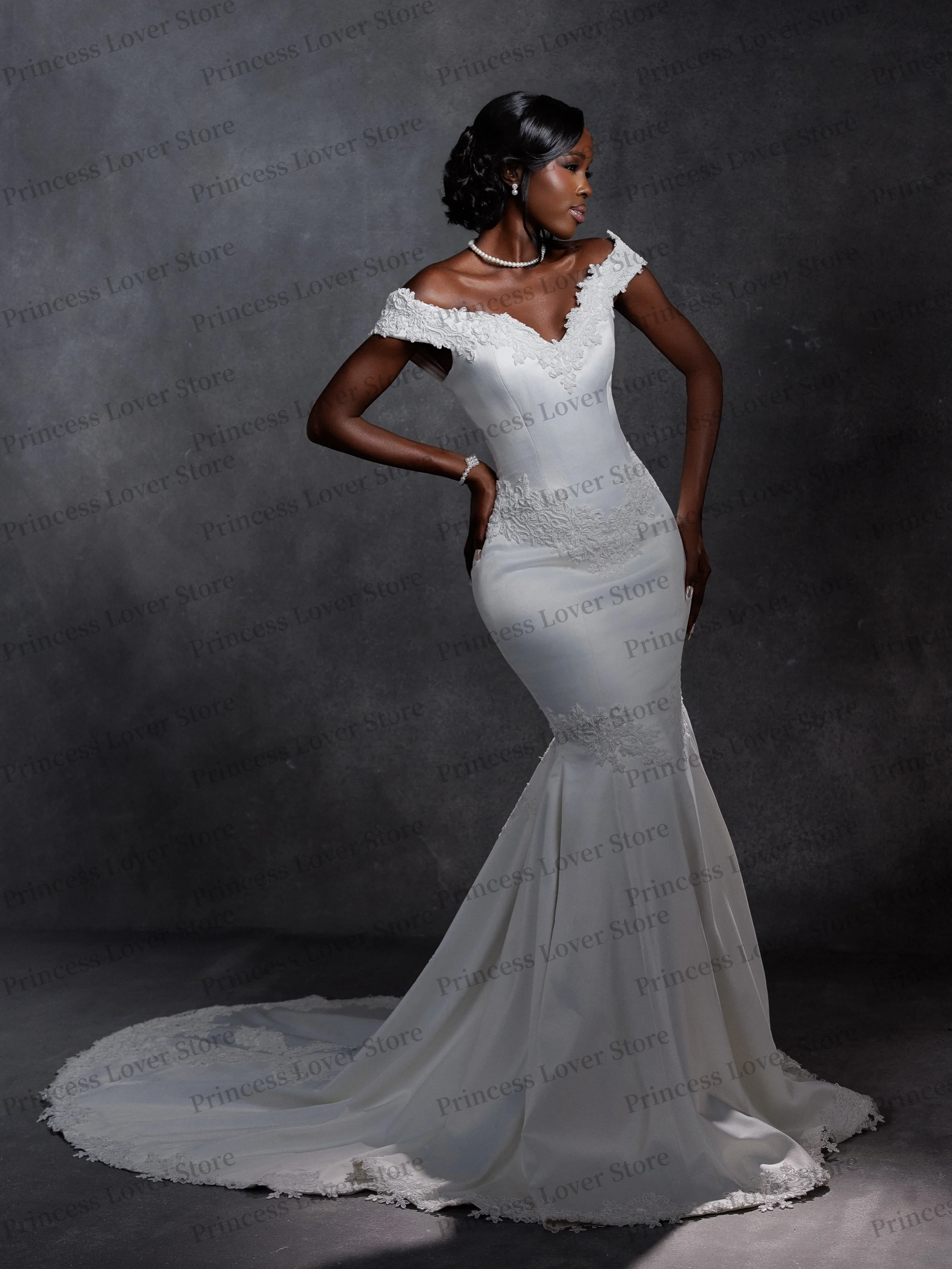 White Mermaid Wedding Dresses Lace Appliques Sweep Train Bridal Gown Off the Shoulder Luxury Party Dress Customized