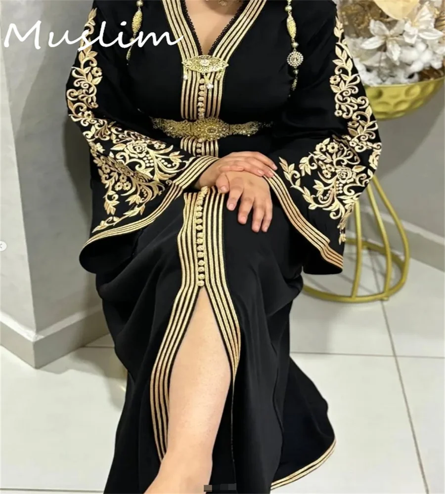 Albanian Black Evening Dress Plus Size Dubai Arabic Embroidery Long Sleeve Caftan Morrocan Prom Dress Formal Algerian Customized