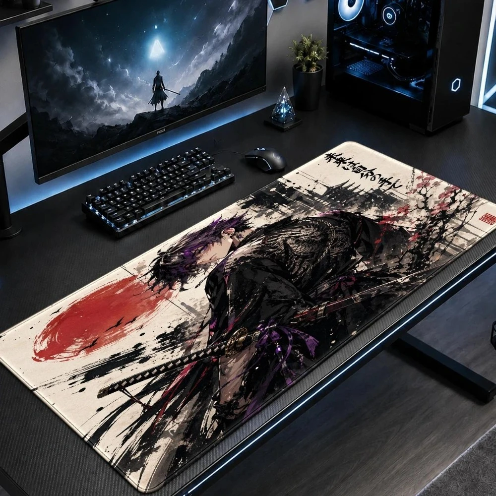 Warrior Art Large Mouse Pad, in Japanese ink style, with cherry blossom sunset theme, soft surface alfombrillas para escritorio
