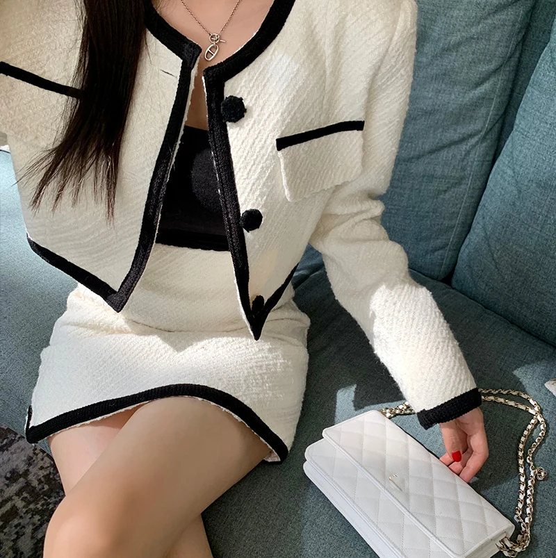 Small Fragrance Vintage Tweed Two Piece Set Elegant Korea Women Long Sleeve Short Jacket Coat + Mini Skirts 2024 New Autumn