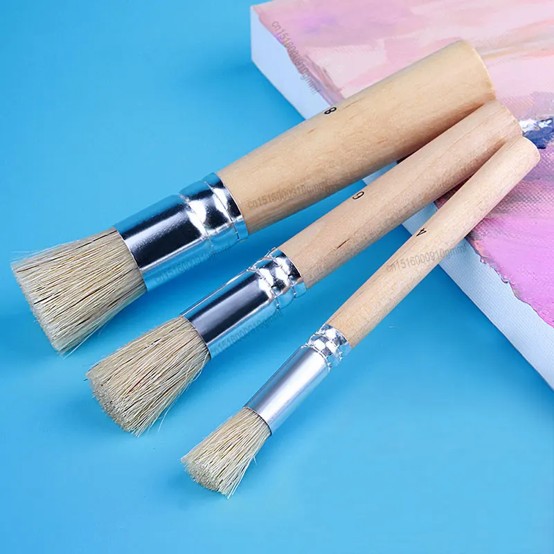 3/6Pcs Set Bristle Stencil Paint Brushes Wooden Handle #2 #4 #6 #8 #10 For Acrylic Oil Watercolor Painting DIY Art Craft Project