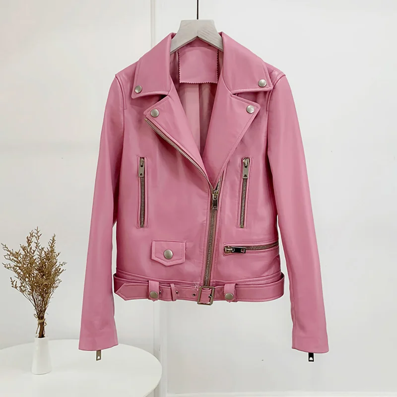 2022 Autumn Women Leather Jackets Solid Belt Motorcycle Jackets Genuine Sheepskin Leather Coat Rivet Zipper FG4046