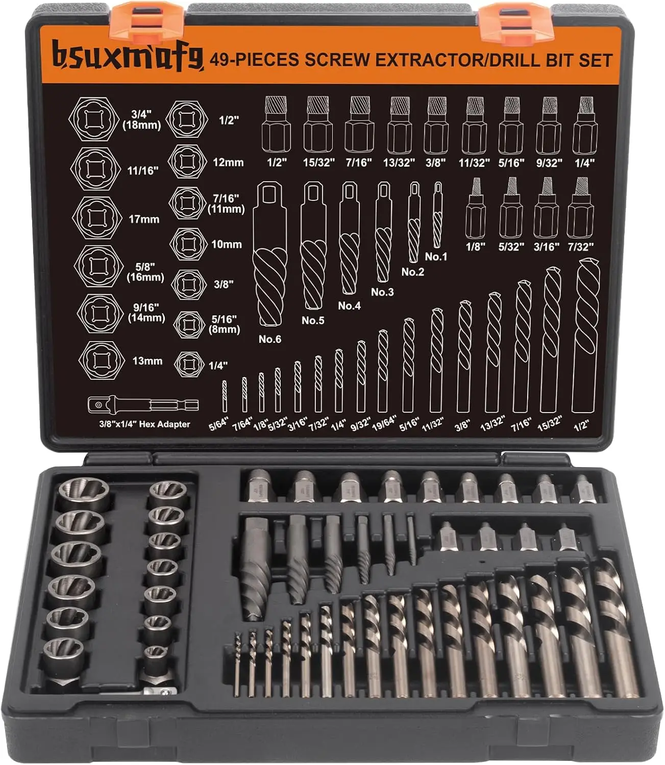 49PCS Screw & Bolt Extractor Set with Left Hand Drill Bit Set, Multi-Spline Easy Out Broken Bolt Remover Tools