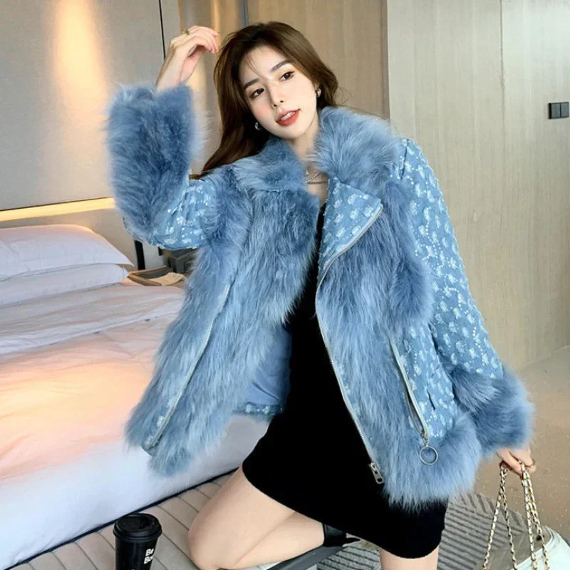 Women Imitation Fox Fur Denim Stitching Bomber Jacket Turn Down Collar Raccoon Fur Jeans Coat Zipper Cardigan Windbreaker Tops