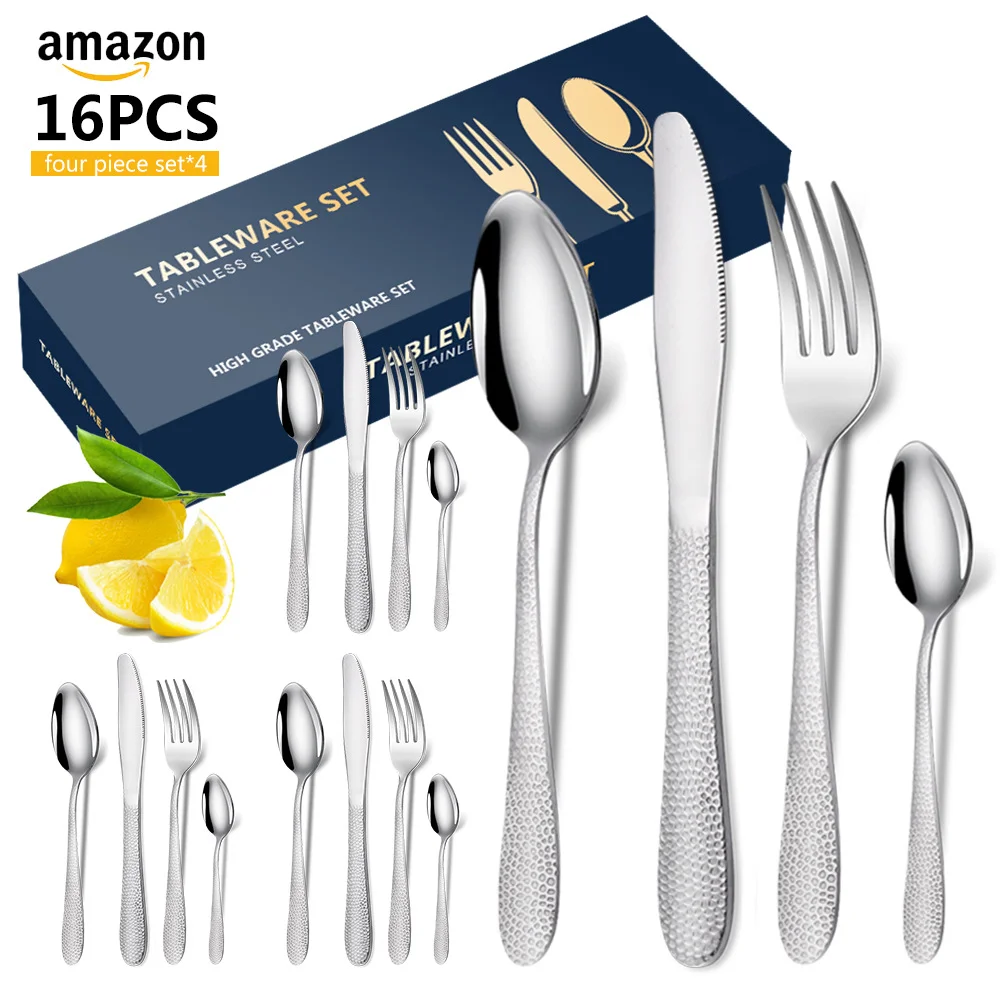 

New Textured Stainless Steel Cubic Cutlery Set 16-Piece Western Steak Knife Fork Spoon Gift Box