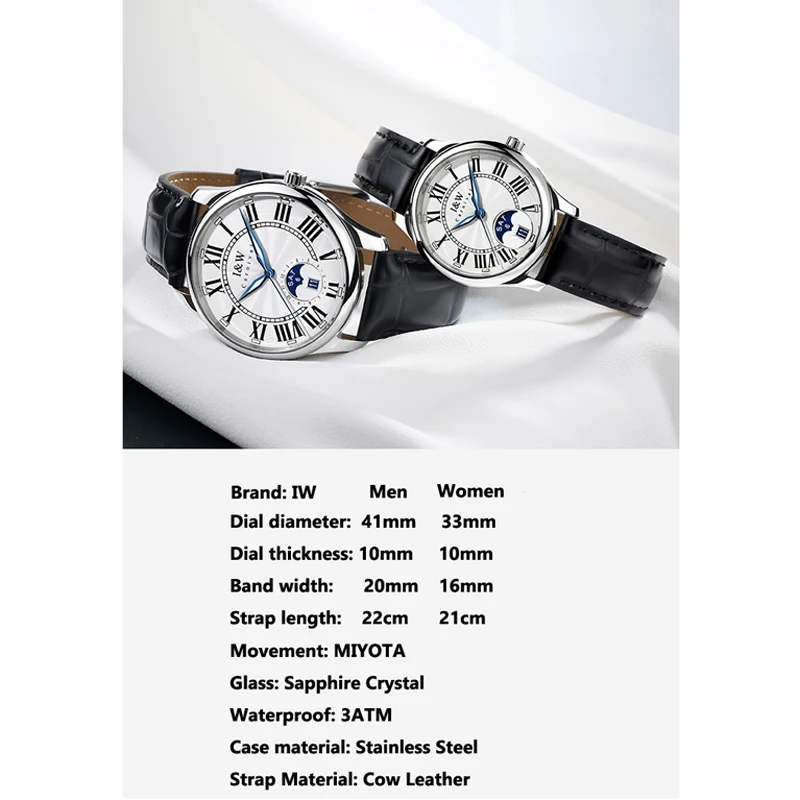 Carnaval Merk Iw High-End Serie Mode Maan Fasen Paar Horloge Voor Mannen En Vrouwen Luxe Saffier Miyota Mechanische Horloges