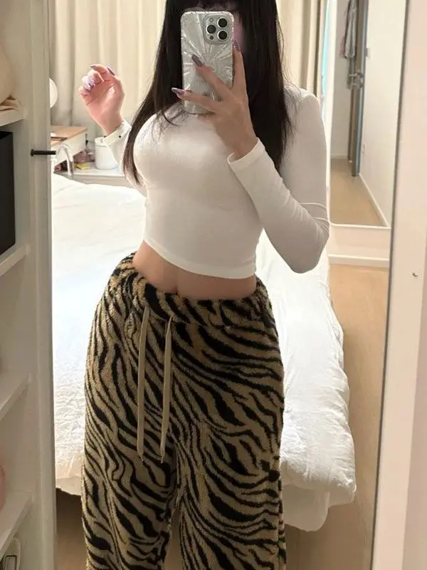 Caramel Tiger Print Retro Casual Pants Women Winter Pear Shape Lazy Style Double Sided Fleece Thick Warmth Sports Wide Leg Lo...
