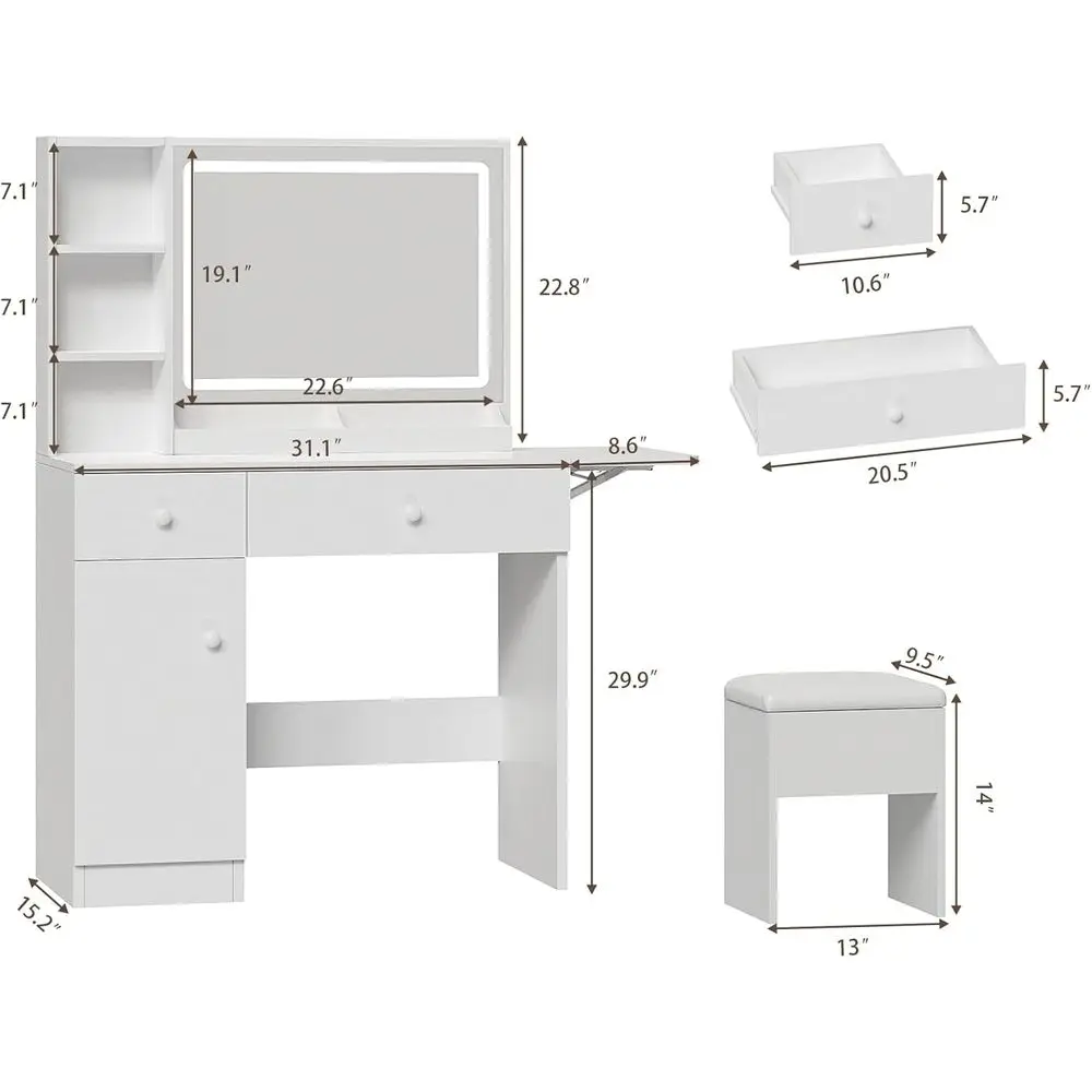Bureau de maquillage blanc éclairé avec rangement, chargement et 3 modes d'éclairage pour vanité de chambre à coucher
