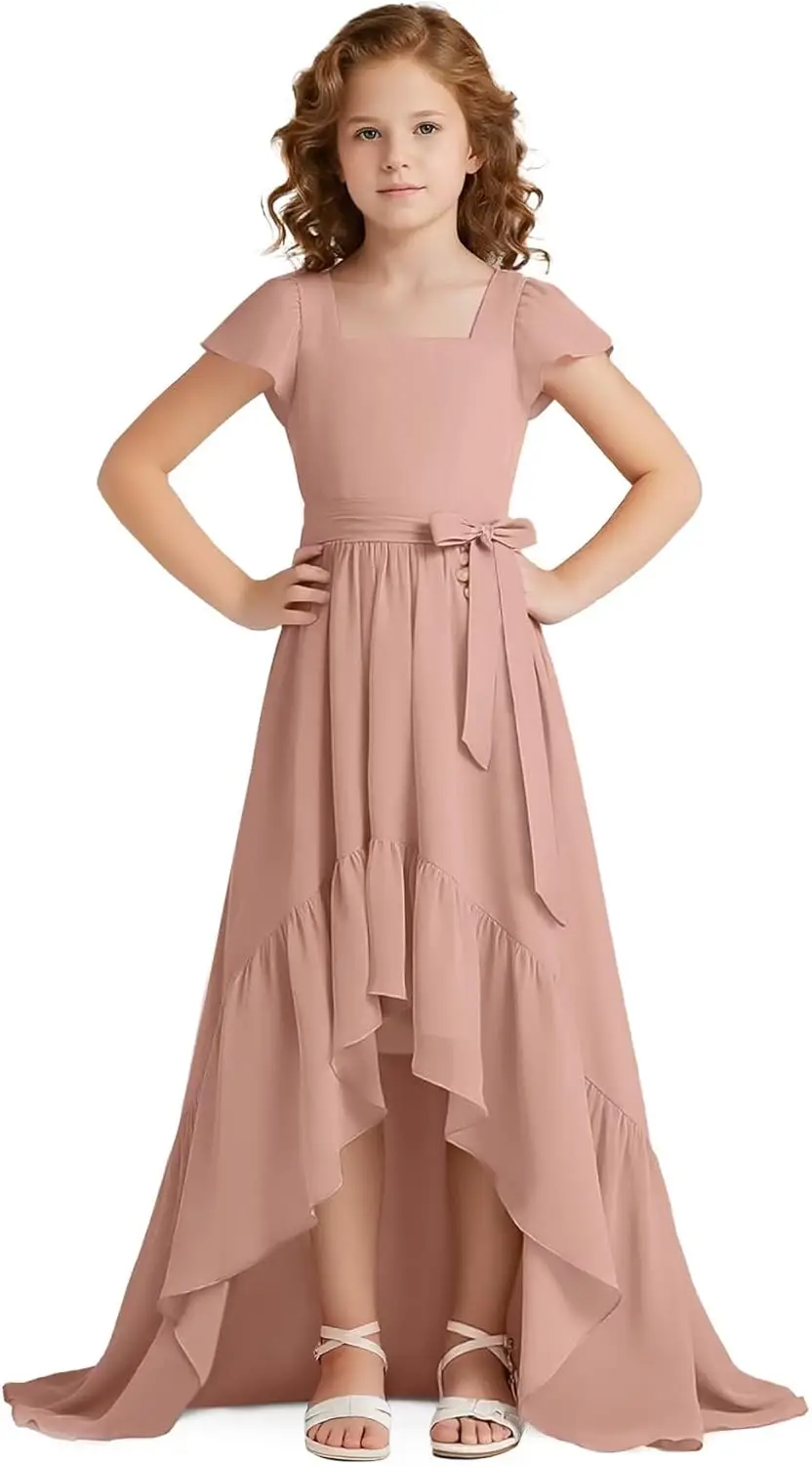 Платье подружки невесты трапециевидной формы с квадратным вырезом и коротким рукавом, шифоновое платье с цветочным узором для девочек, бальное платье подружки невесты для выпускного вечера, платье для девочек