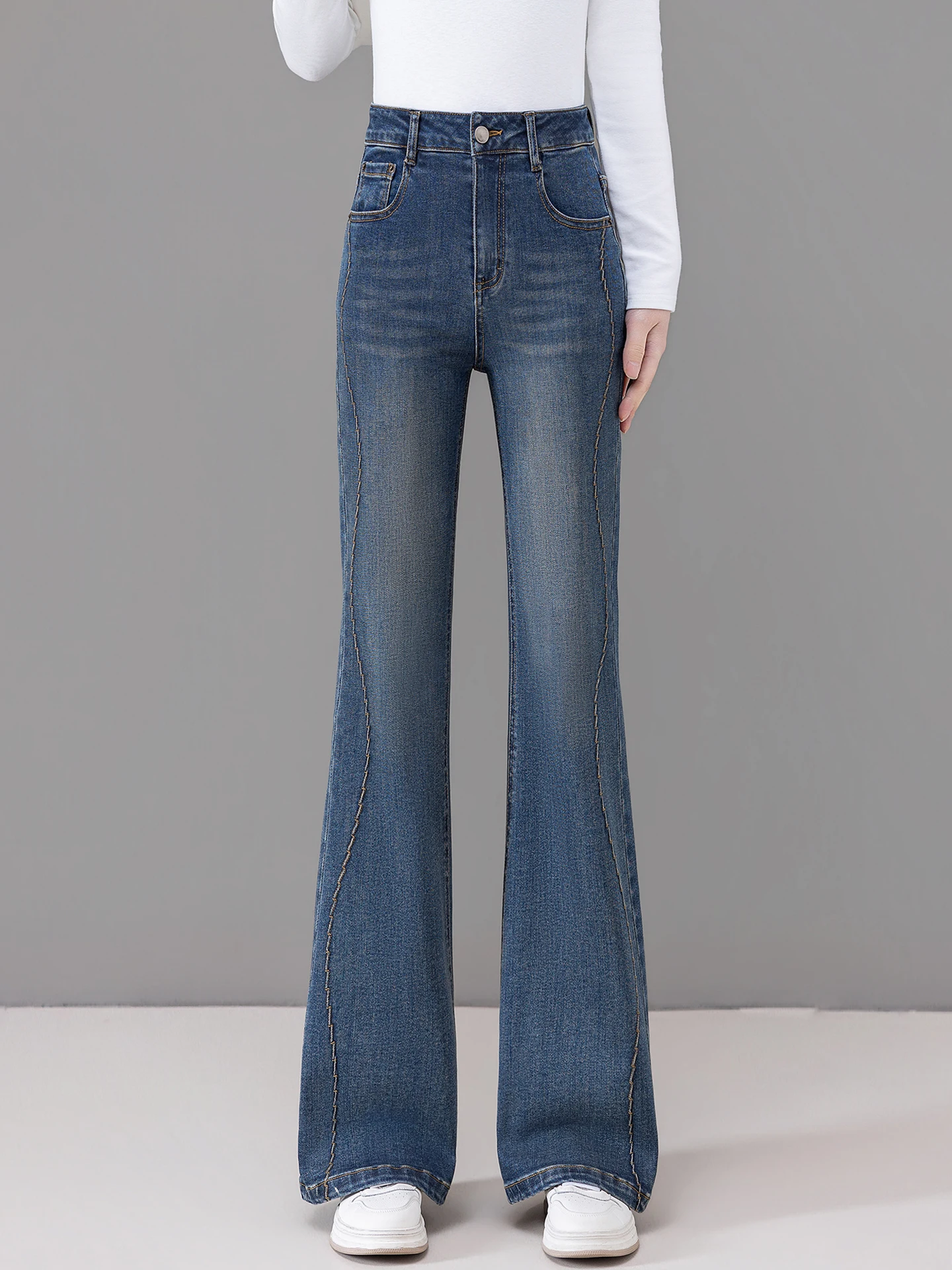 

High Waist Slim Fit Bell Bottom Jeans Women's Spring Autumn New Style Retro Dreamy Elegance Cotton Polyester Blend Jeans