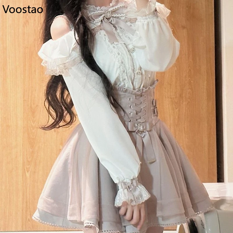 اليابانية Kawaii لوليتا نمط تنورة صغيرة مجموعات النساء الحلو الكشكشة قبالة الكتف القوس قميص التنانير القصيرة Y2k الجمالية لطيف مجموعة كاملة