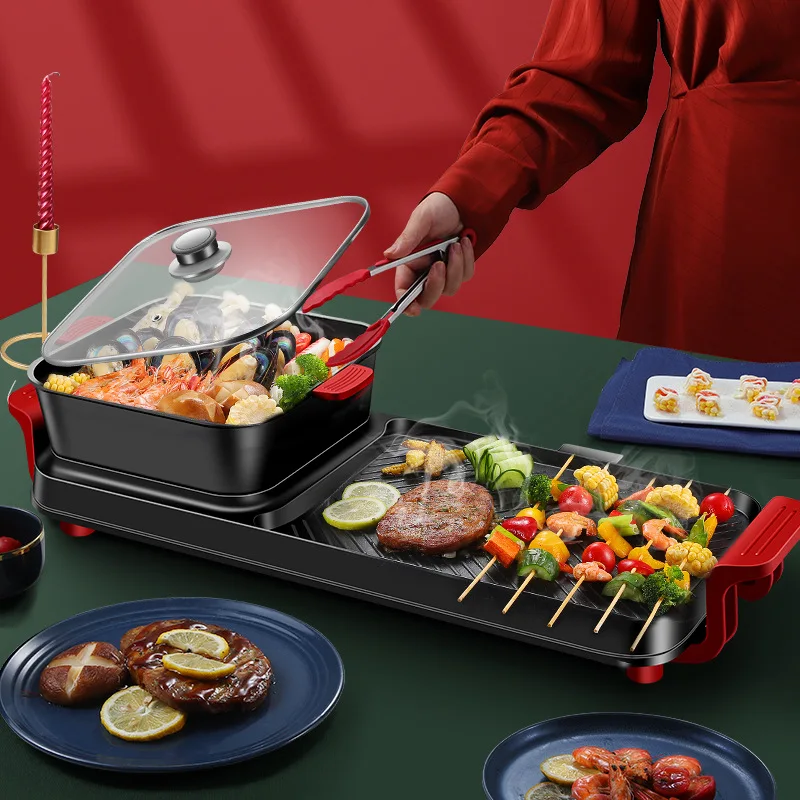 Hot pot barbecue shabu grill integrated pot household multi-functional electric grill pan barbecue machine hot pot