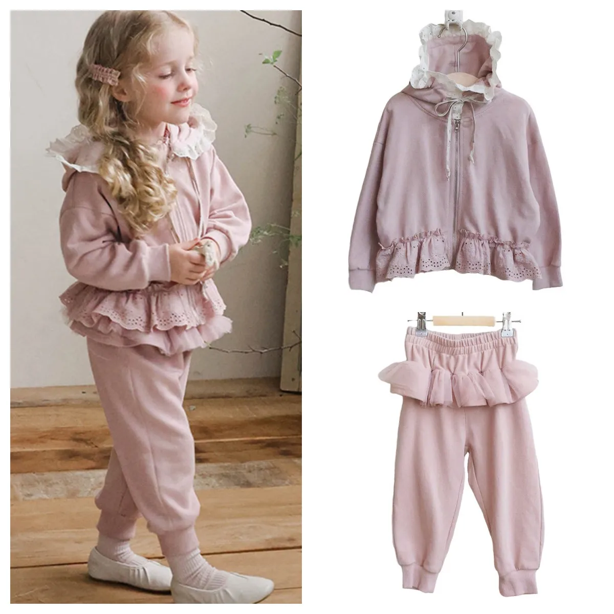 

Baby Girls Clothes 2025 Autumn New Children and Girls Lace Hooded Long-sleeved Sweater Jacket Coat and Pants Clothing Set
