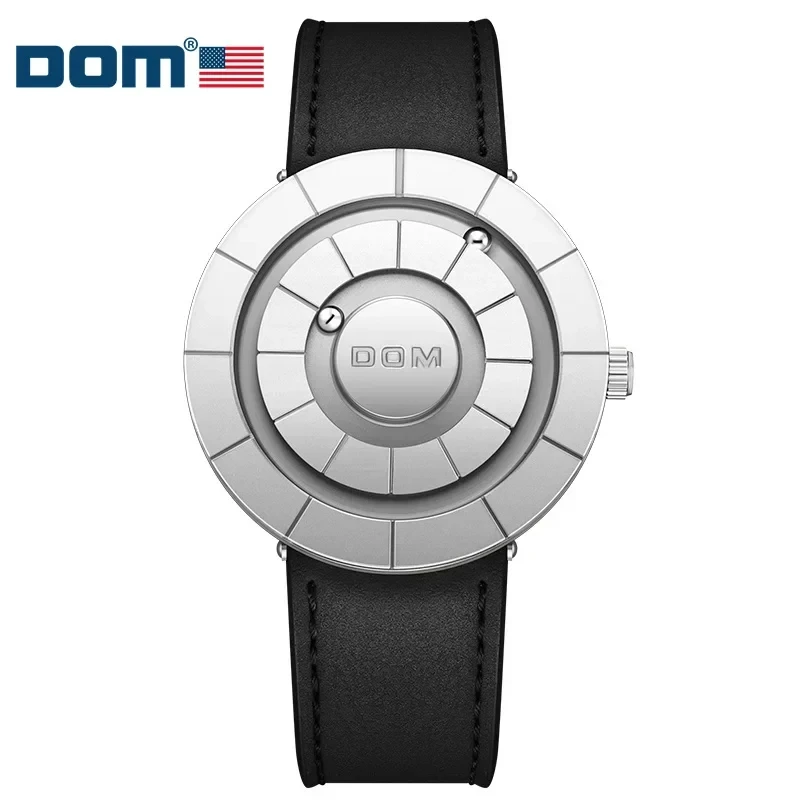 DOM 1753 Men's Simple Casual Quartz Watch Magnetic Ball Creative Design Strap Fashion Waterproof Leather Daily Men's Gift Watch
