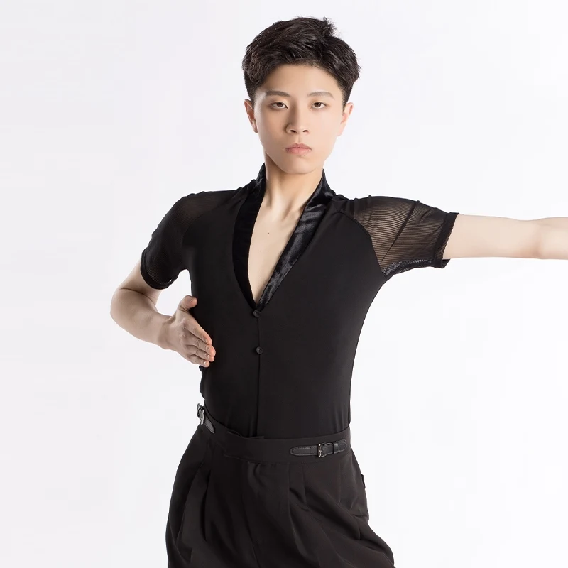 Sommer männer Latin Dance Top Schwarz Kurzarm Tops Erwachsene V-ausschnitt Mesh Training Kleidung Männlich Latin Praxis Dancewear VDL4081