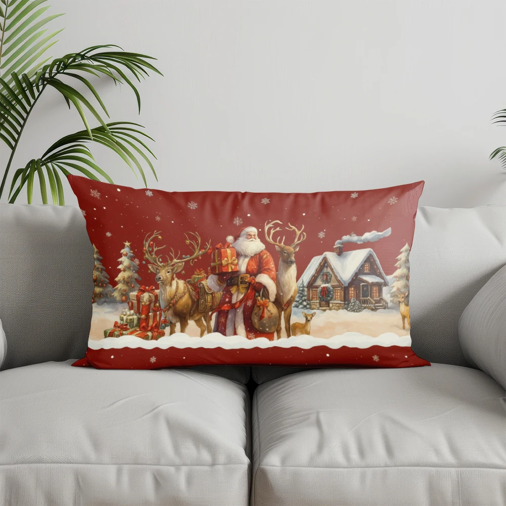 Home Decor Santa with Reindeer Christmas Pillow Suitable For Sofa Bedroom Car Pillow Cover Cushion Rectangular Back Cushion
