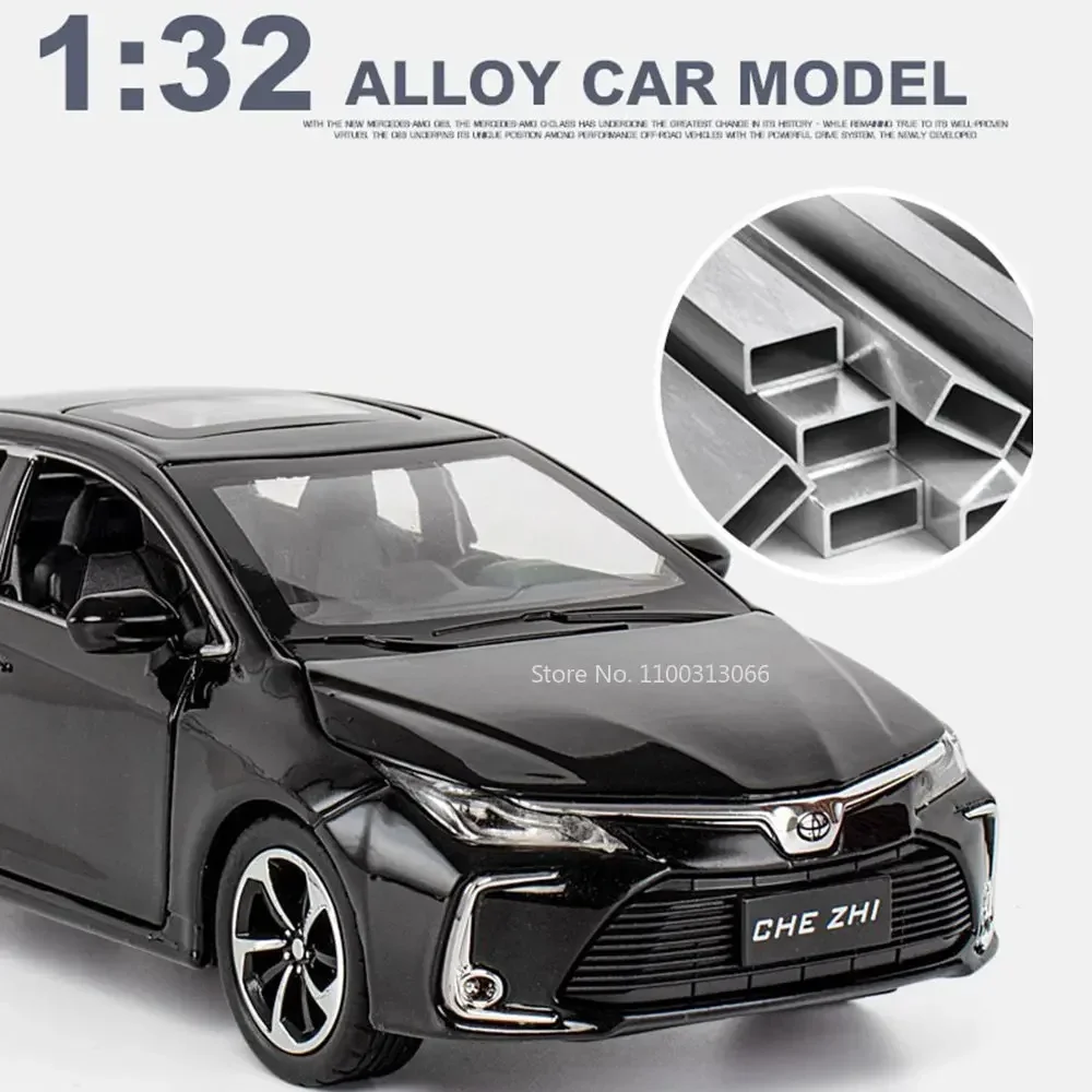 COROLLA Alloy Diecast Model Metal Toys Car Model, escala 1:32, 6 puertas abiertas con sonido y luz, Pull Back para Boy Collection Gift