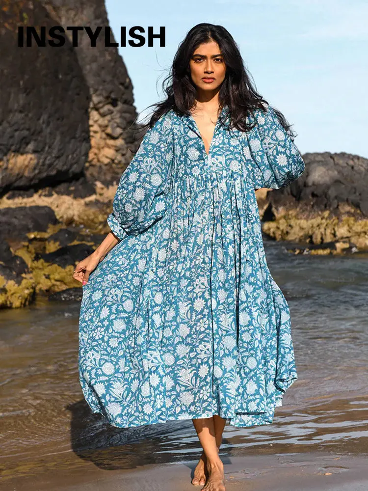 Imagem -02 - Feminino Boêmio Floral Impressão Maxi Vestido Elegante Manga o Pescoço Rendas até Solto Midi Vestido Casual Férias Praia Vestido de Verão 2023