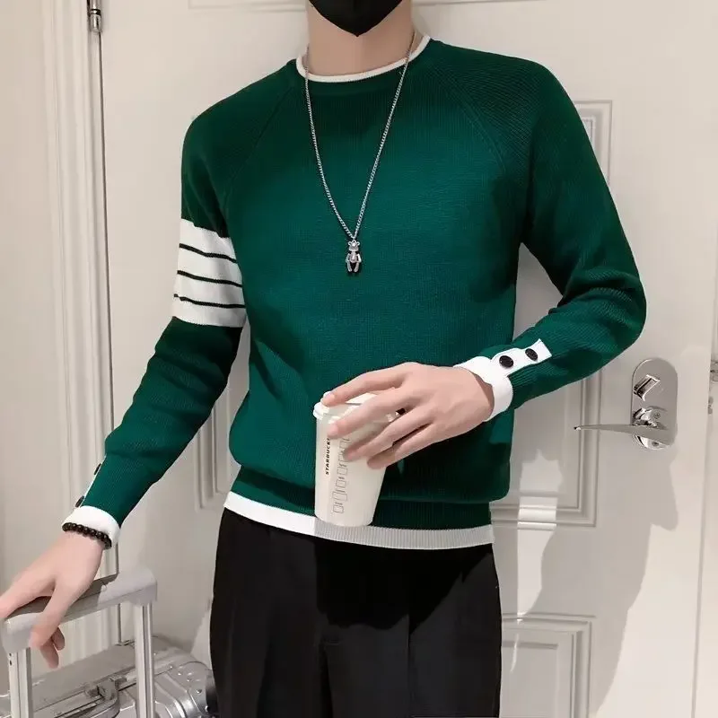 Men\'s Clothing Striped Green Pullovers Knit Sweater Male Splicing Casual 90s Vintage Old Wool Spring Autumn Sheap Cheap V Tops A