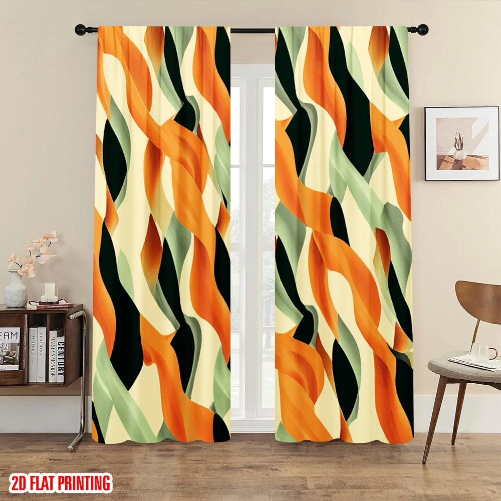 2pcs Mid Century Modern Curtains Abstract Wave Ribbon Window Drapes Orange Green Fluid Art Decor Living Room Bedroom