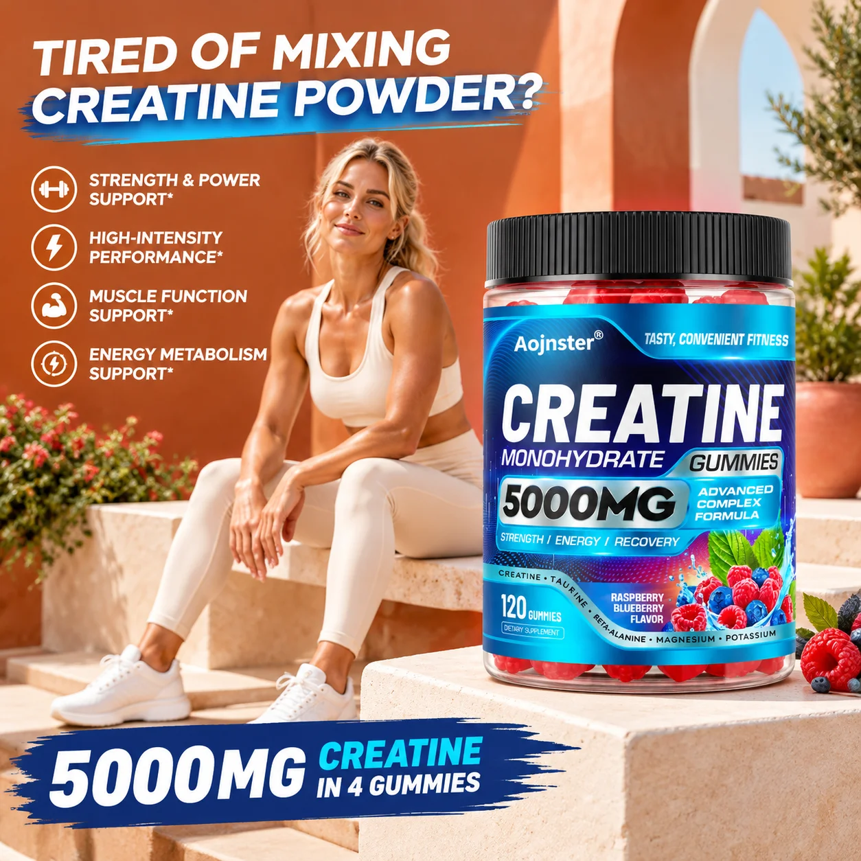 Aojnster Creatine Gummies 5g Per Serving, No Mixing Workout Supplement, Berry Flavor, 120 Count