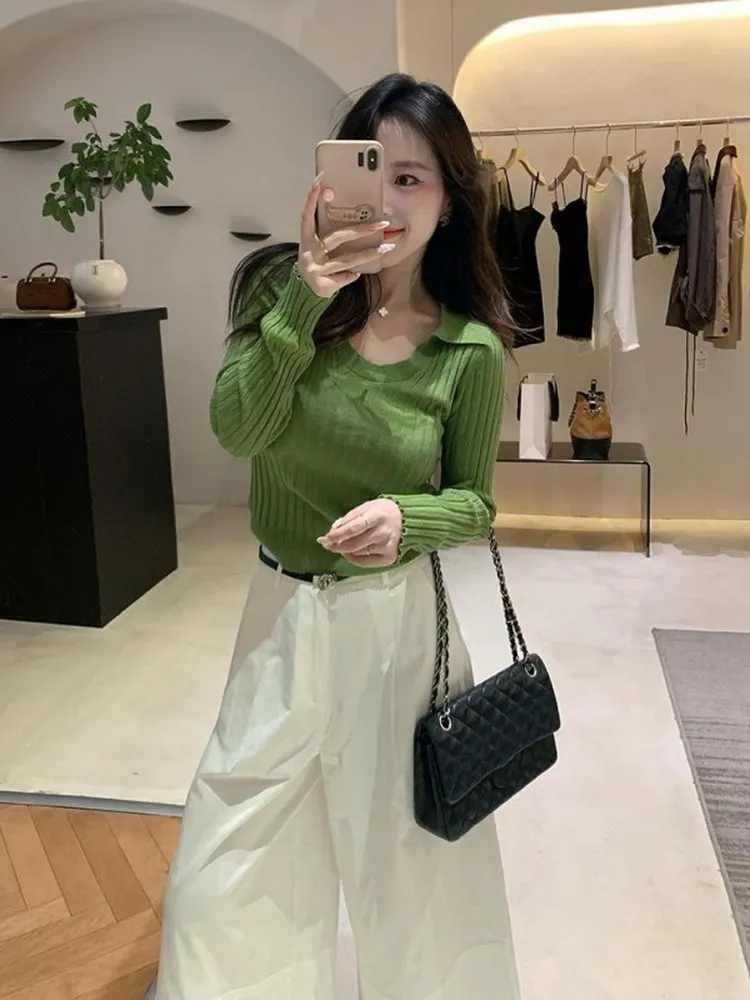 Einzigartiges Sli Long Sve Gestricktes irt für Damen Herbst Neues Design Kleines ence Vielseitiges Top Trendy Pendeln Sle Slim Fit