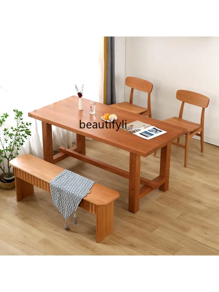 Nordic Solid Wood Dining Table and Chair Cherrywood Long Table Japanese Style Big Stupid Table Household Log Workbench