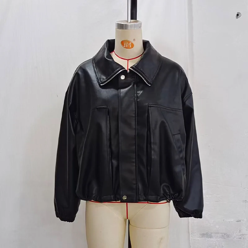Guobioziy Women Black Faux Leather Jacket Oversized Lapel Zip Up Elastic Cuff Hem Loose Motorcycle Coat Ladies Streetwear PU