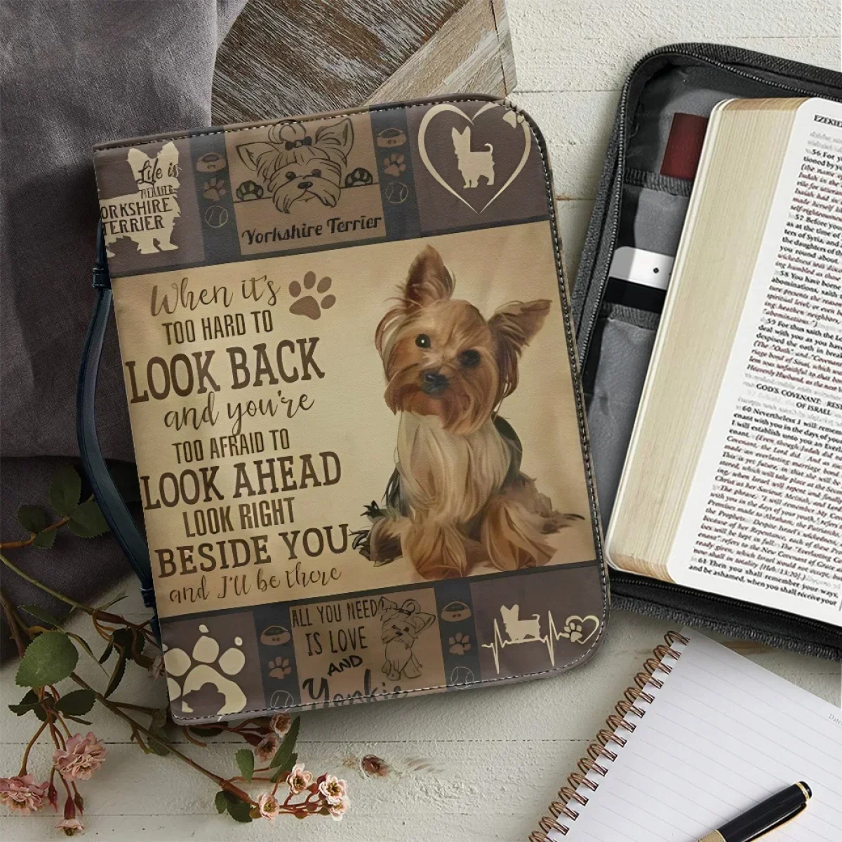 Women's Leather Handbag Zippered Cute Teddy Dog Blessing Words Design Handle Bible Storage Bags Bible Carrying Case Custom Gift