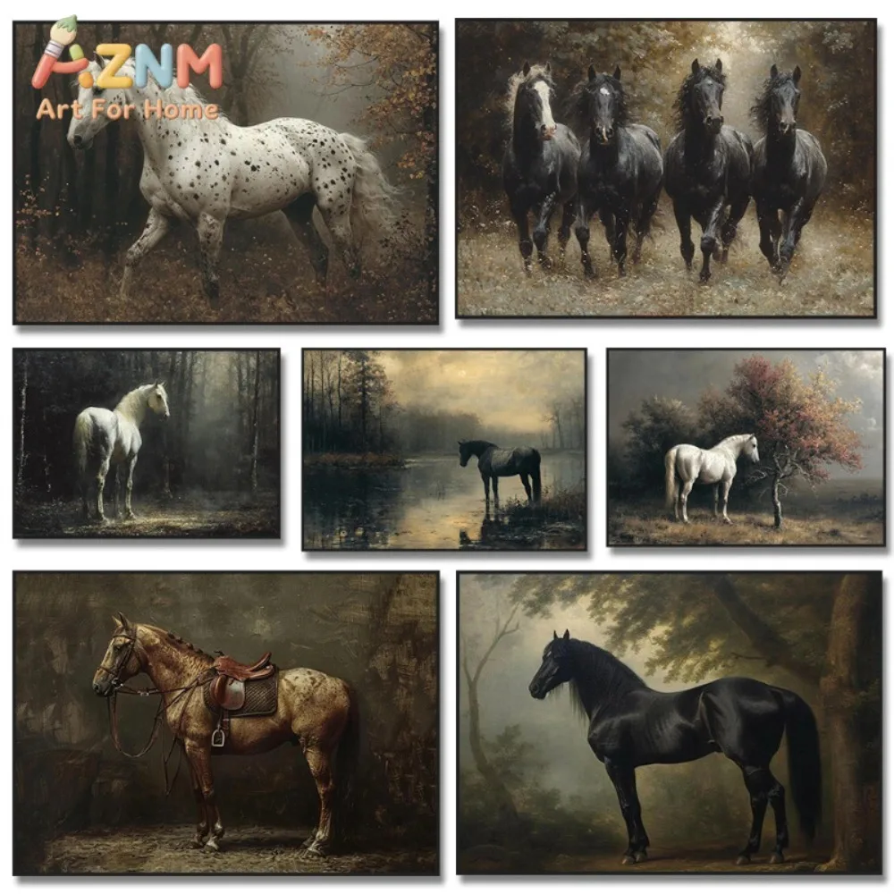 AZNM Vintage Dark Forest Horse Canvas Wall Art Black White Steed Running Horses Scenery Retro Oil Painting Style Farmhouse Home