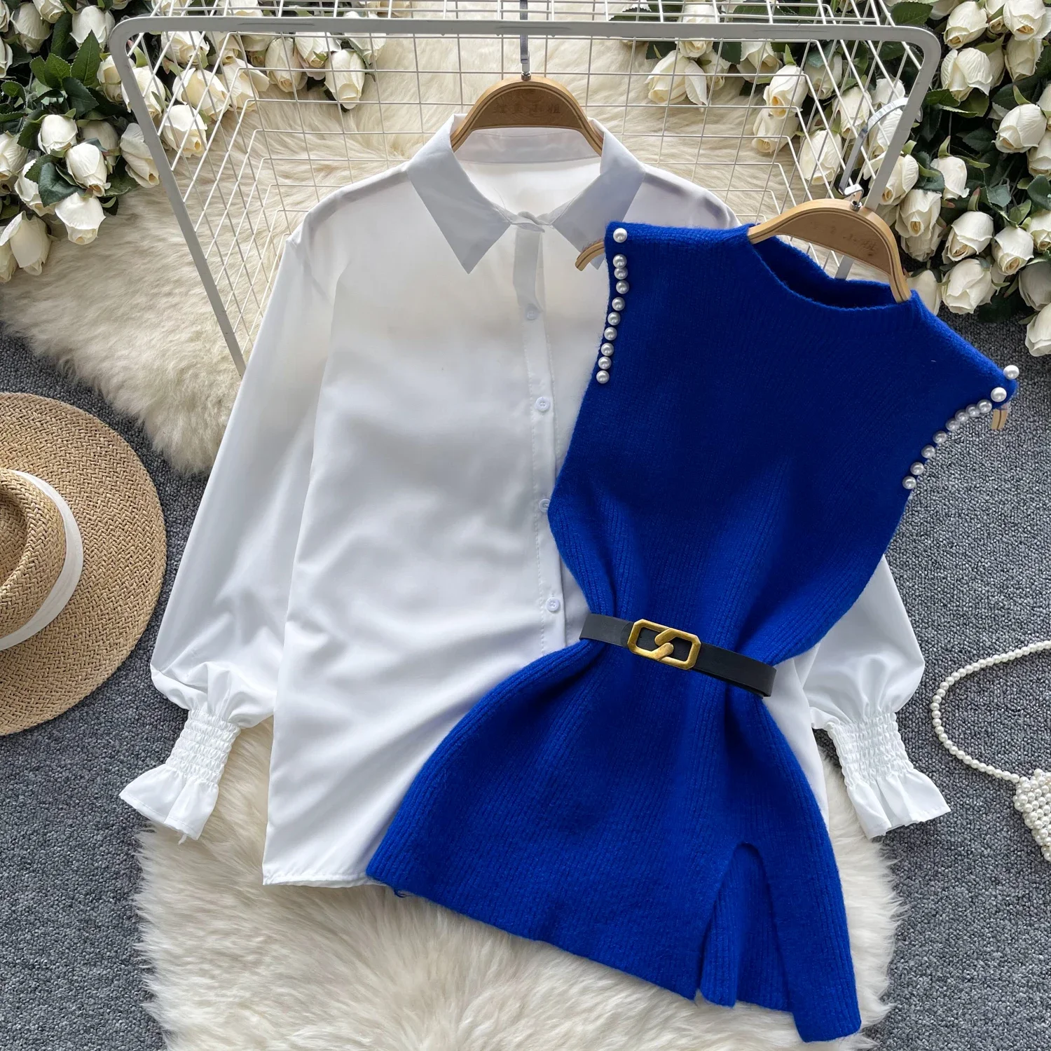 Retro loose Turn-down Collar split basics lool sleeve Blouse Slim with v neck knit Shirt Women summer sweet Top