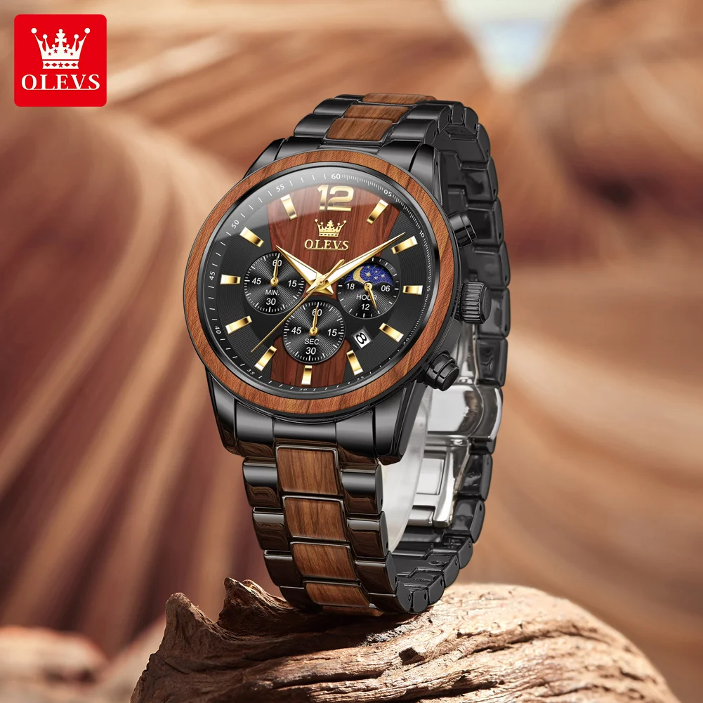 OLEVS 3645 Moon Phase Dial Calendar Window Original Quartz Movement Watch Timing Function HD Luminous Function Natural Style Watch For Men