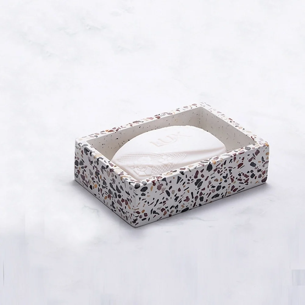 Nordic Terrazzo Soap Box Rectangle for Sink Area Resin Soap Holder with Drain Slots 12.5x8.5x3.5cm Compact Design