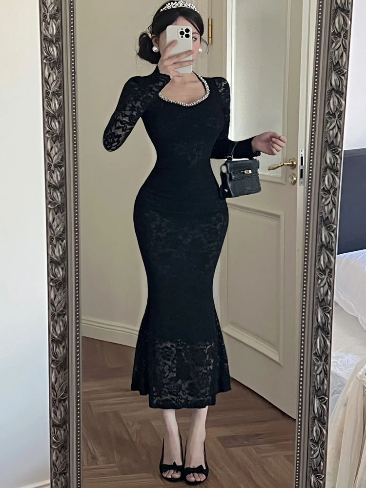 Coreano primavera elegante feminino rendas magro sereia vestido mujer luxo grânulo gola quadrada manga longa bodycon vestidos