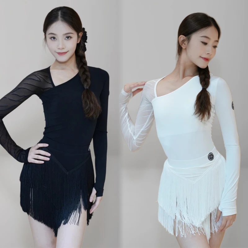 

Костюм для соревнований по бальным танцам для взрослых, румба, женский костюм с сетчатыми рукавами, топ для латинских танцев, юбки с кисточками, женская тренировочная одежда SL14625