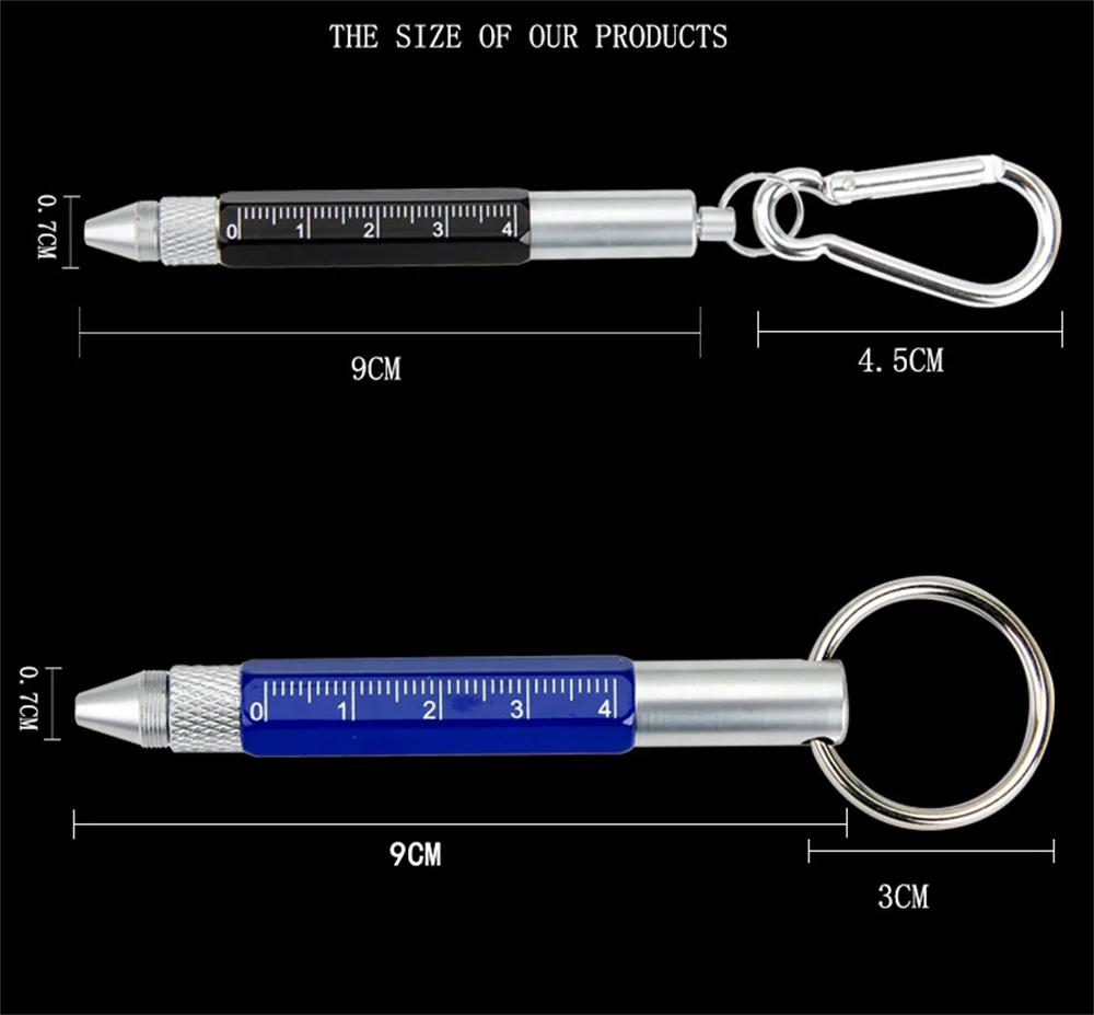 6 In 1 Tool Pens Small Ballpoint Rotating Metal Pens Screwdriver Hexagonal Touch Screen Carabiner Scale Keychain Writing Tools