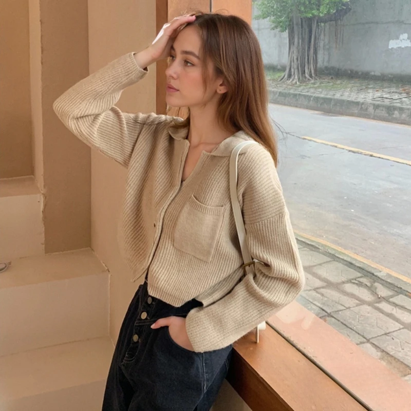 

Новые осенние и зимние шорты, модные женские свитера с длинными рукавами и карманами с лацканами, однотонная элегантная блузка