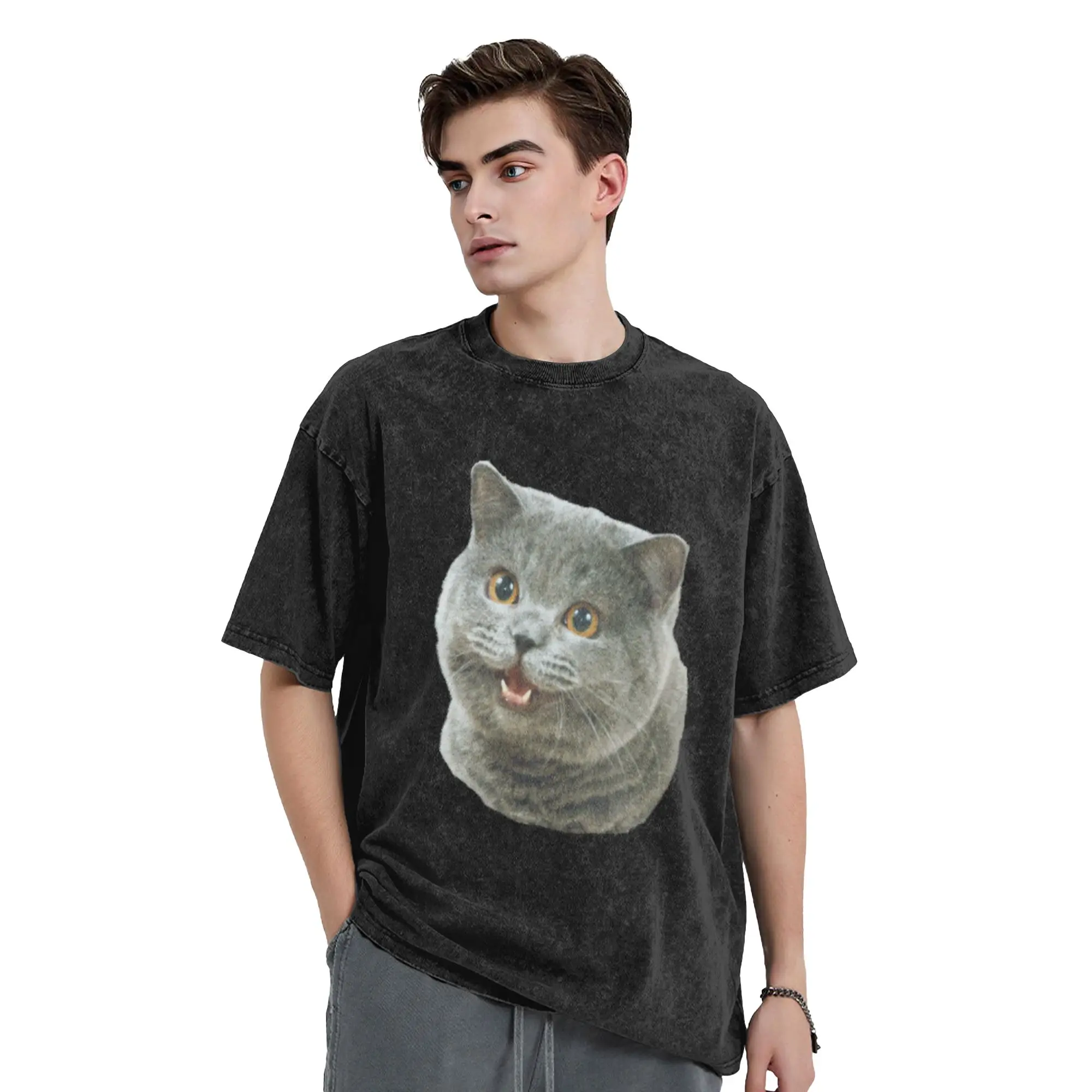 Happy Cat Plain Meme Classic Trendy A Vintage Oversized Cotton Unisex T-Shirts