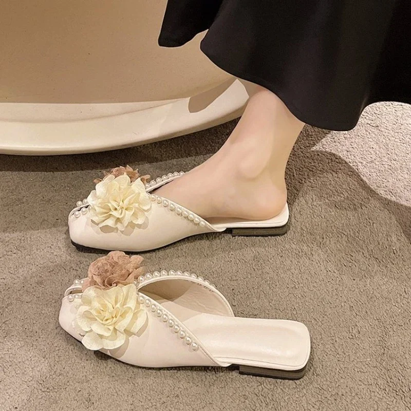 2024 New Women's Shoes Square Head Flat Bottom Soft Beach Slippers Sweet Pearl Fish Mouth Fashion Women image 5