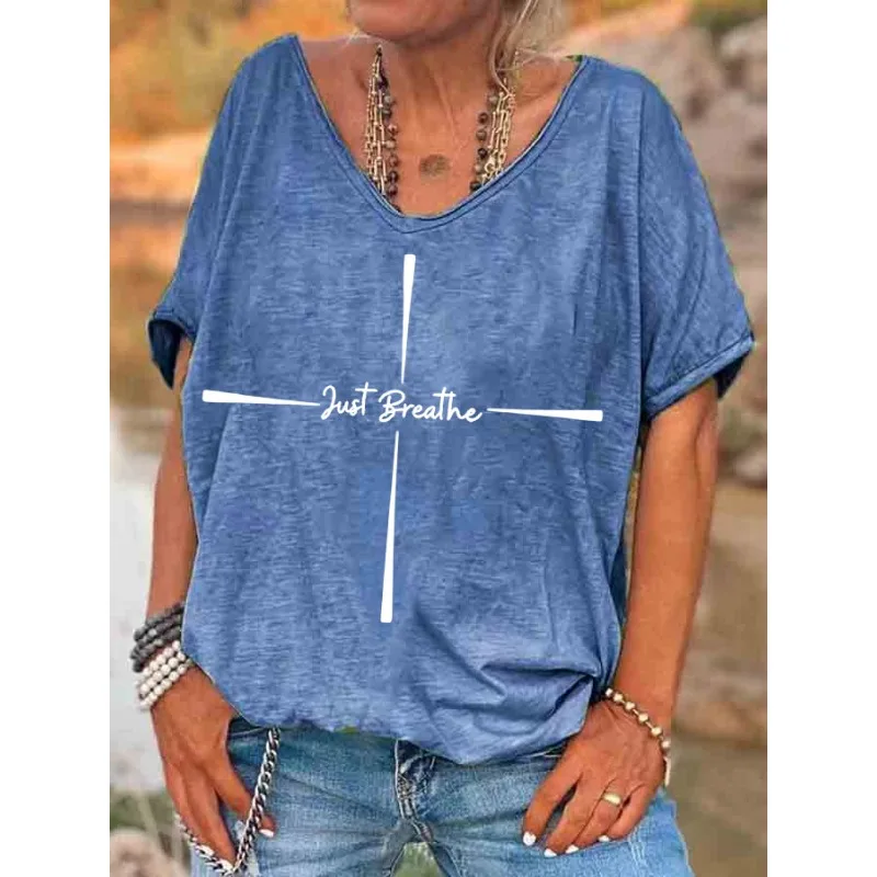 ilstile Women's Just Breathe Letter Print T-Shirts Summer Holiday Short Sleeve T Shirt Casual Loose V Neck Tops Black Blue Tees
