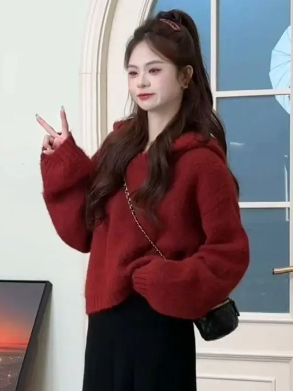 Maglieria rosa con cappuccio da donna vestibilità ampia Thiened Lazy Sle maglione pullover autunno inverno calore che emettono lungo Sve Top