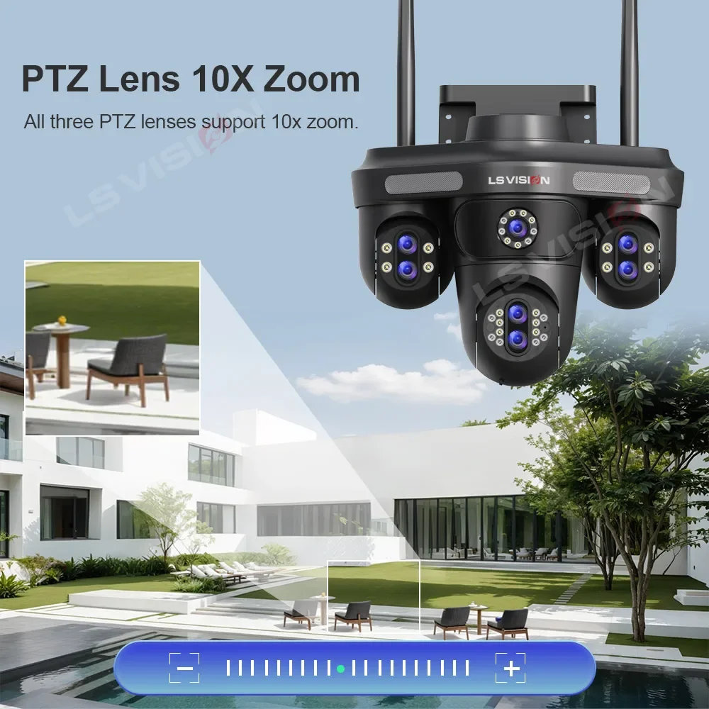 LS VISION 35MP Four Screens WiFi Security Camera Outdoor Seven Lens Three PTZ 10X Optical Zoom Cameras Auto Tracking CCTV Camera