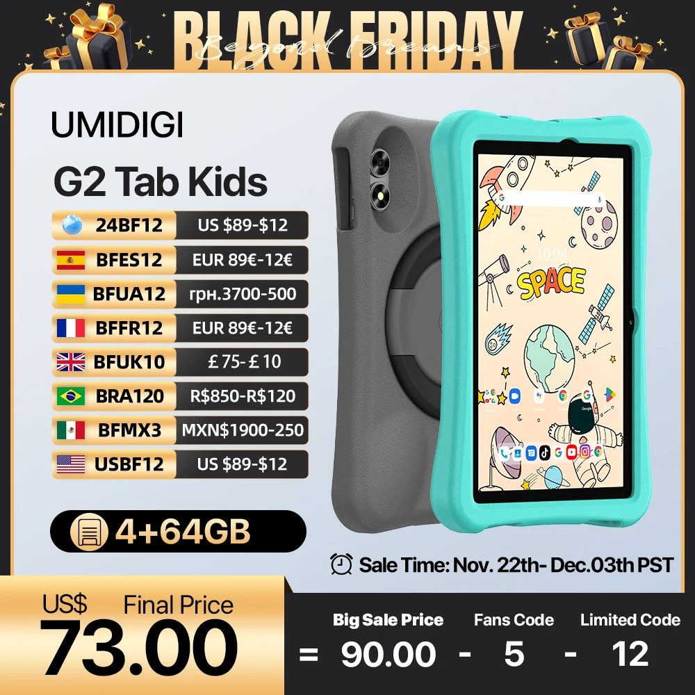 UMIDIGI G2 Tab Kids Tablet Android 13 رباعي النواة 8MP 4 + 4GB 64GB 10.1 بوصة WIFI 6 6000mAh أقراص الأطفال لتعلم EVA