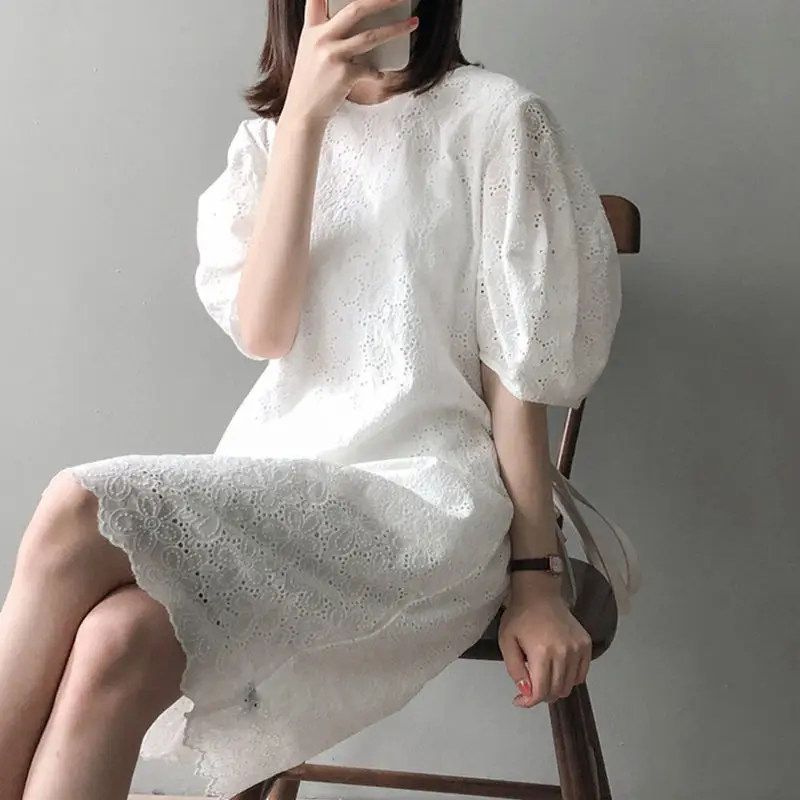 Summer Dress Women 2022 A-line O-neck Puff Sleeve Long Knee-Length Beach Casual Party Cotton Lace White Dress Frocks for Lady