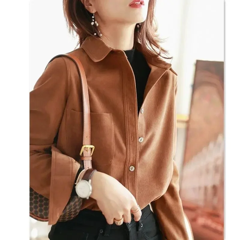 Design Sense Niche Feminine Loose Shirt Tops Ladies Corduroy Long Sleeve Shirts Autumn Winter Women Grind Hair Cardigan Blouse