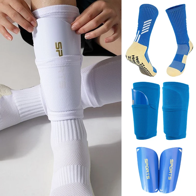 A Set Equipment Adults Kids Soccer Shin Guards With Pocket Cover Calf Sleeve Nop Slip Soccer Sock With Football Shinguards