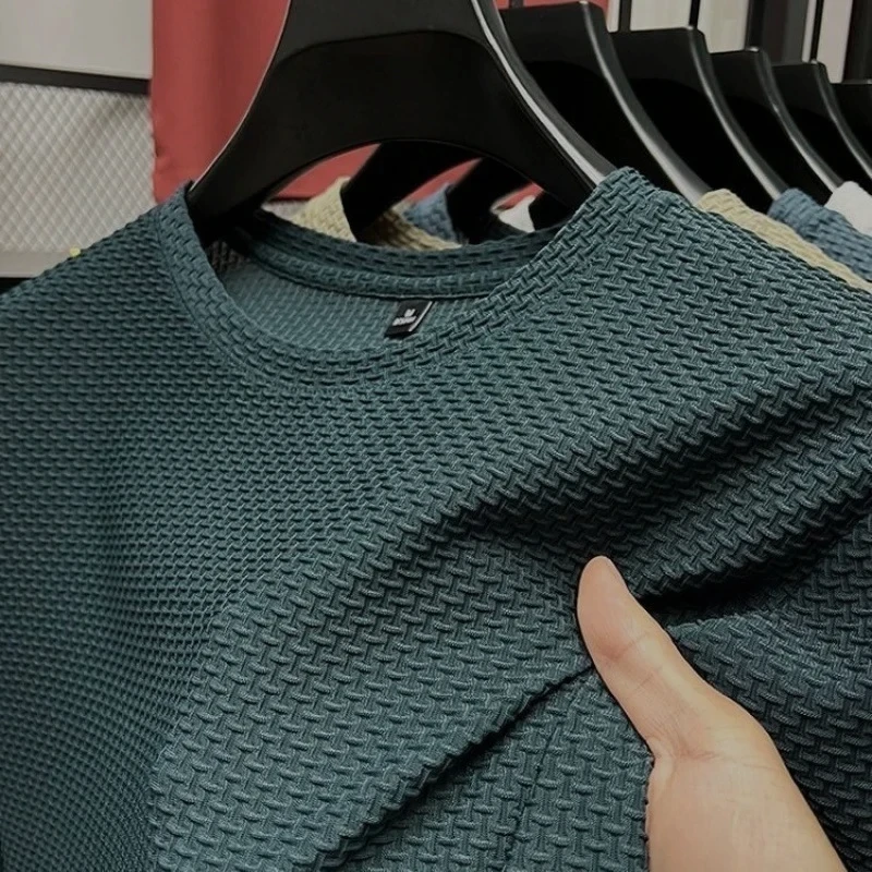 High end Ice Silk Short Sleeve T-shirt Men's Summer Mesh Breathable Round Neck  Fashion Solid Color Casual Luxury Top image 5