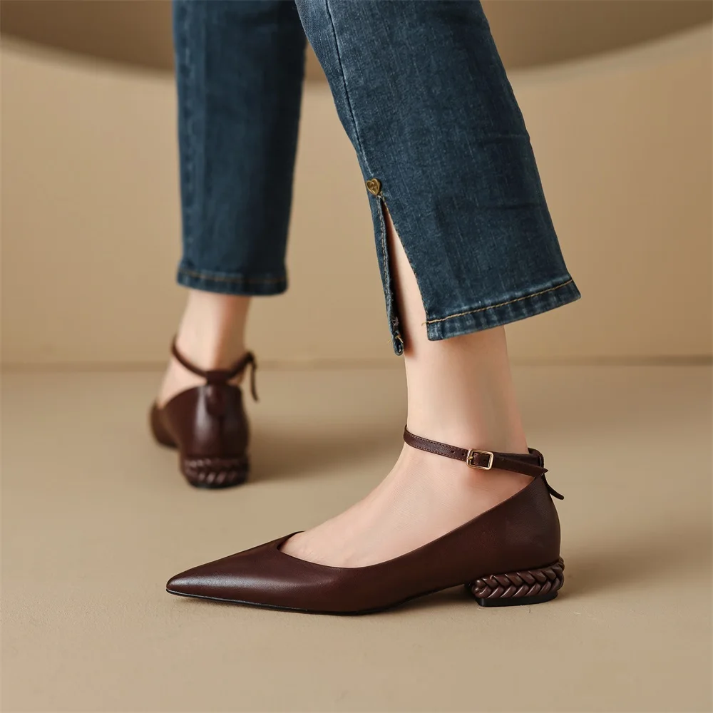 Taoffen Casual Women\'s Flat Shoes Real Leather Pointed Toe Shoes Fashion Buckle Strap Footwear Solid Office Commuting Lady Pumps